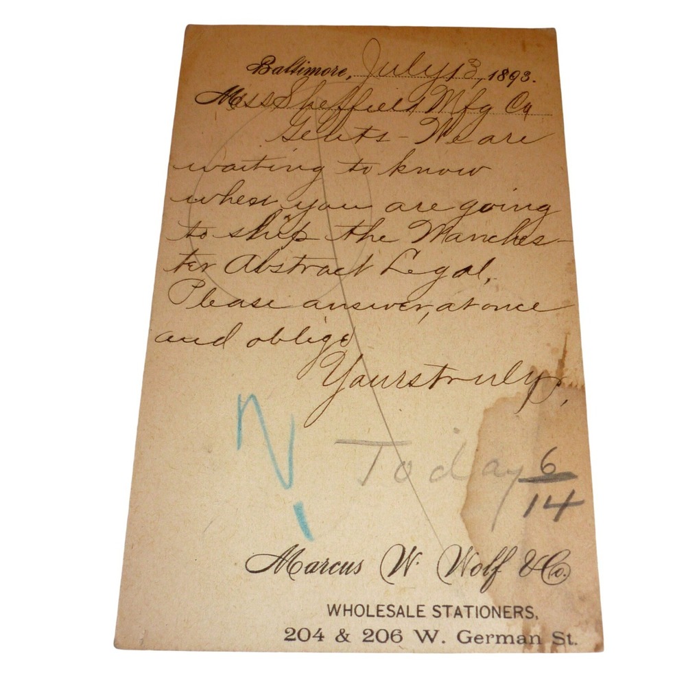 1893 Baltimore MD Postal Card Marcus Wolf Wholesale Stationers Ephemera Vintage